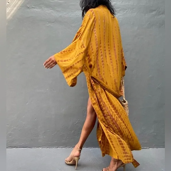 - New MUSTARD & CRAN Boho Tie Dye Kimono Maxi Beach open front long COVERUP *NEW